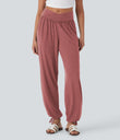 Crossover High Waisted Pocket Drawstring Casual Joggers - Brick Red Mix