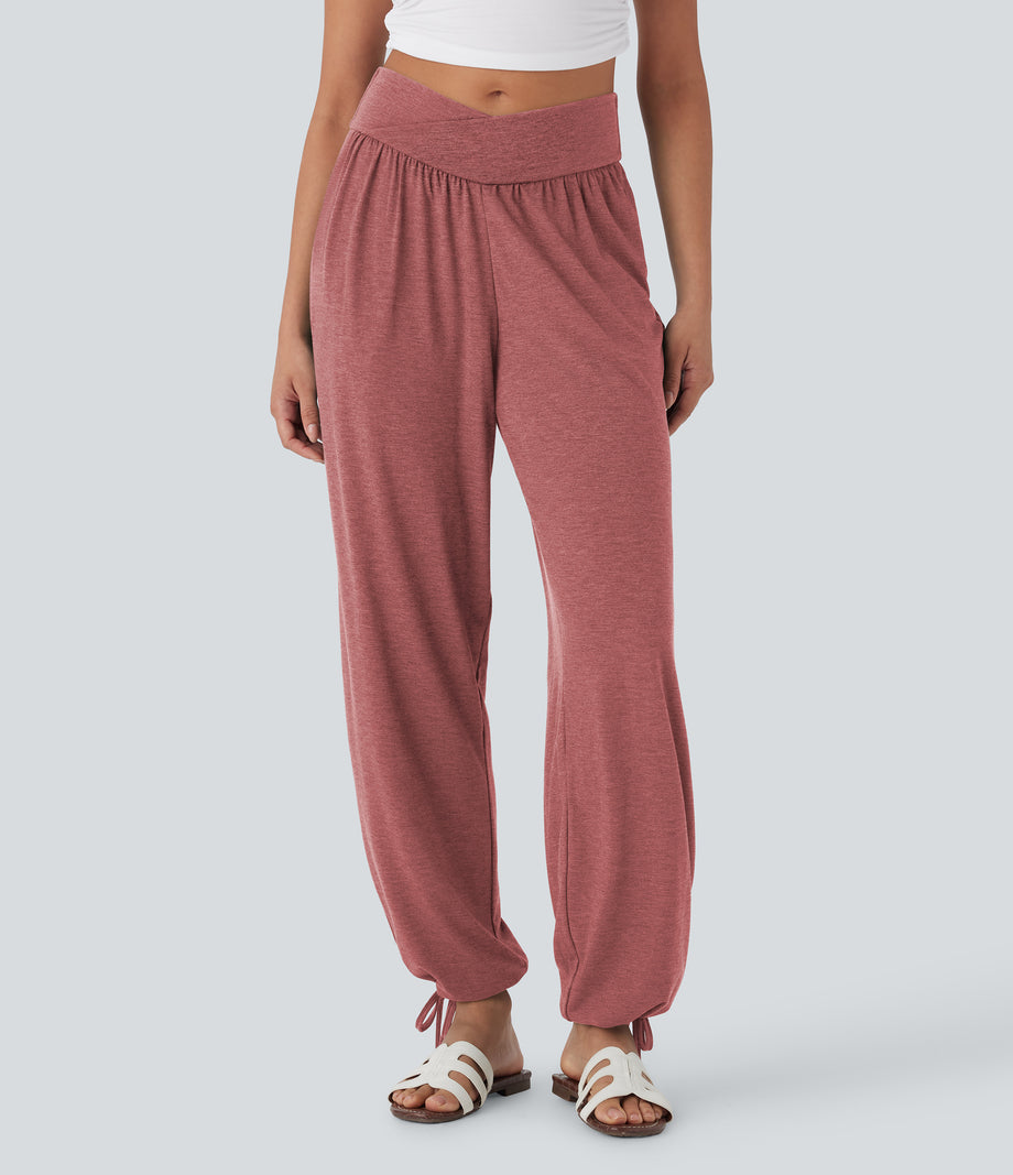 Crossover High Waisted Pocket Drawstring Casual Joggers - Brick Red Mix