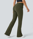 High Waisted Side Flap Pocket Flare Casual Cargo Pants - Forest Night