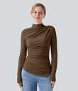 Mock-neck Long Sleeve Ruched Asymmetric Hem Thermal Casual Top - Cocoa