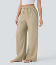 High Waisted Drawstring Pocket Wide Leg Baggy Casual Linen-Feel Pants - Fields of Rye