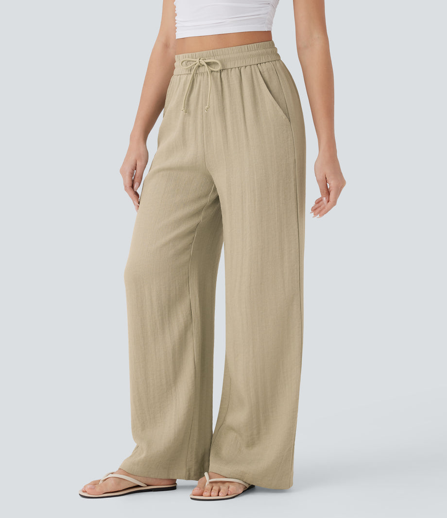 High Waisted Drawstring Pocket Wide Leg Baggy Casual Linen-Feel Pants - Fields of Rye