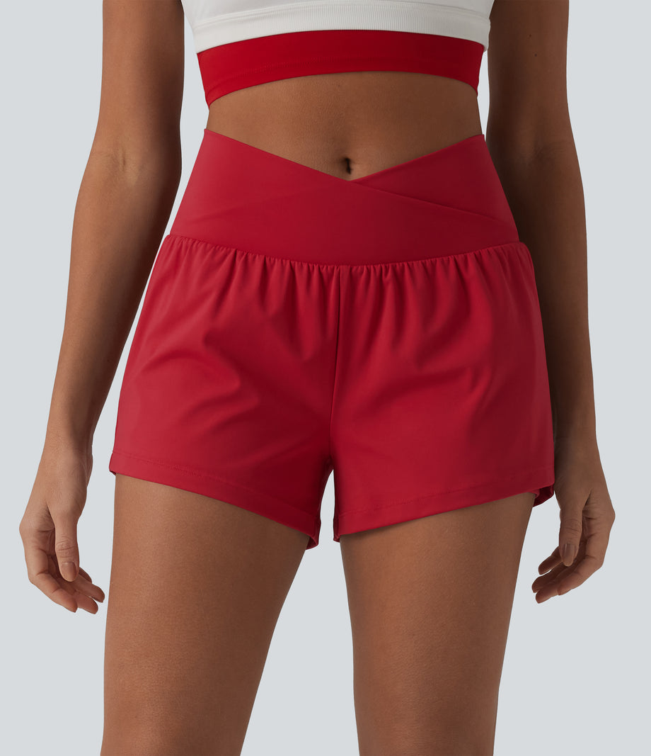 SoftlyZero™ Airy Crossover High Waisted 2-in-1 Cool Touch Yoga Shorts 3'' with Pockets - Salsa