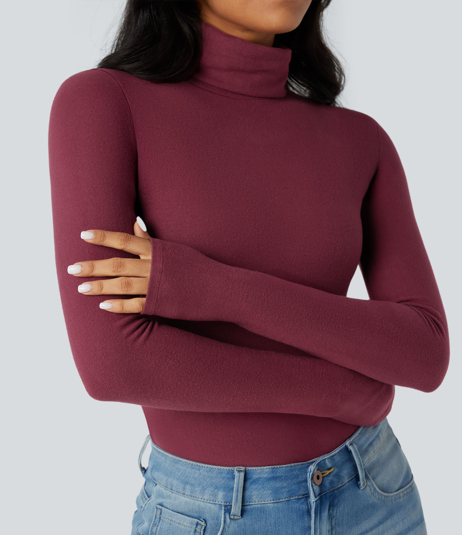 Halara HeatCore Turtleneck Long Sleeve Thumb Hole Casual Warming Top - Cordovan