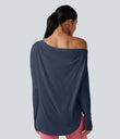 One Shoulder Long Sleeve Thumb Hole Curved Hem High Low Quick Dry Yoga Sports Top-Built-in Bra - Mood Indigo