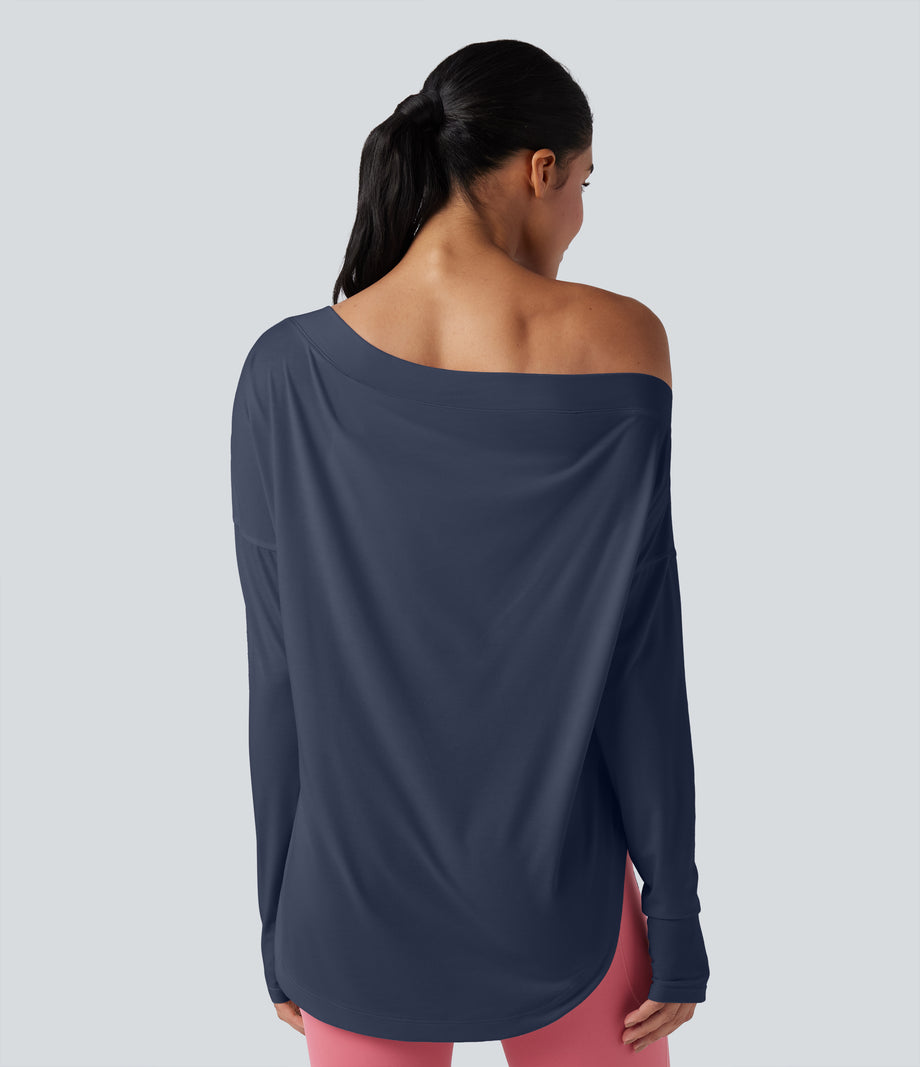 One Shoulder Long Sleeve Thumb Hole Curved Hem High Low Quick Dry Yoga Sports Top-Built-in Bra - Mood Indigo