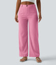 High Waisted Straight Leg Casual Linen-Feel Pants with Pockets - Dusty Rose Weave