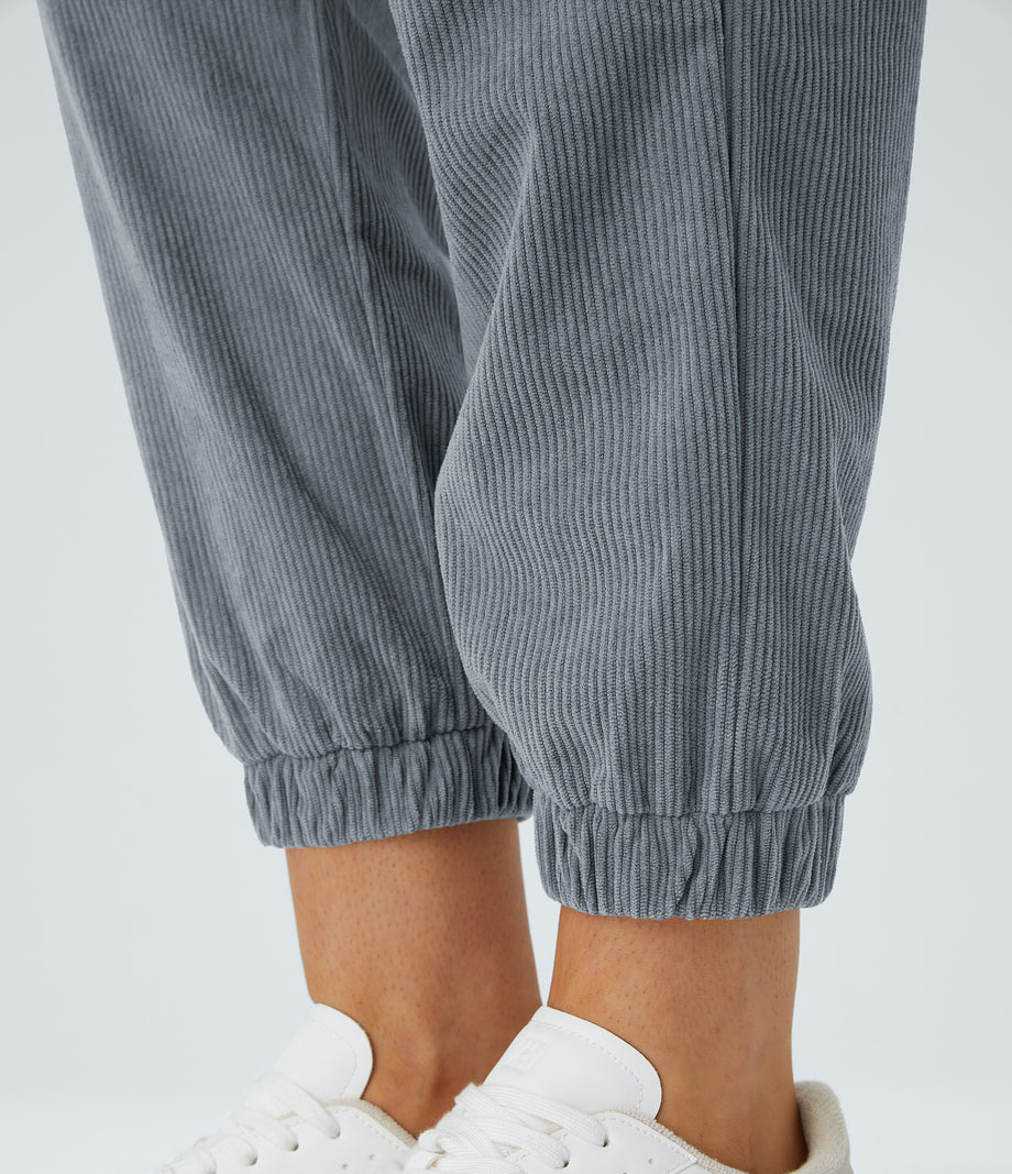 Mid Rise Zipper Pockets Corduroy Casual Joggers - Blue Flower Gray
