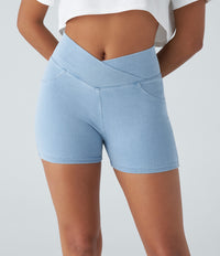 Halara Flex™ High Waisted Crossover Pocket Denim Casual Shorts 3" - Washed Denim Sunny Blue