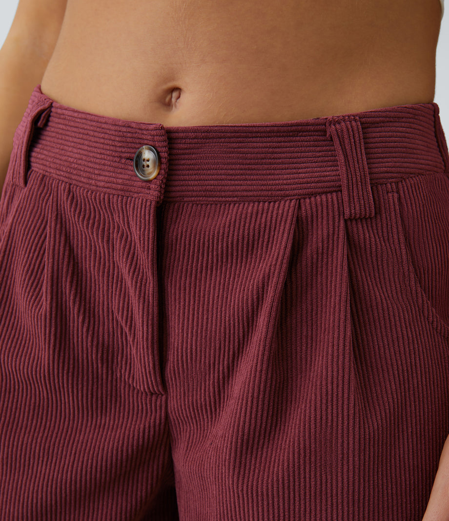 Mid Rise Zipper Pocket Corduroy Casual Pants - Pomegranate