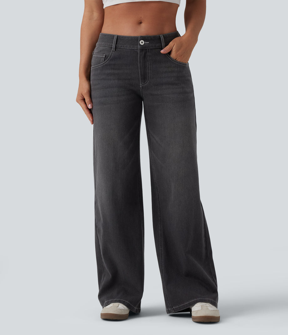 Halara Flex™ Low Rise Zipper Pockets Washed Baggy Wide Leg Casual Jeans - Poppy Seed Denim