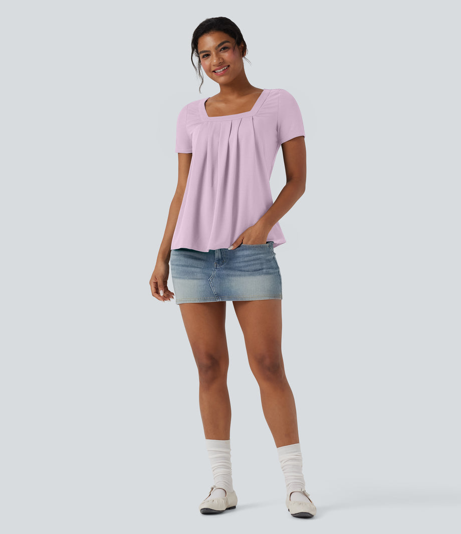 Square Neck Short Sleeve Casual Top - Orchid Ice