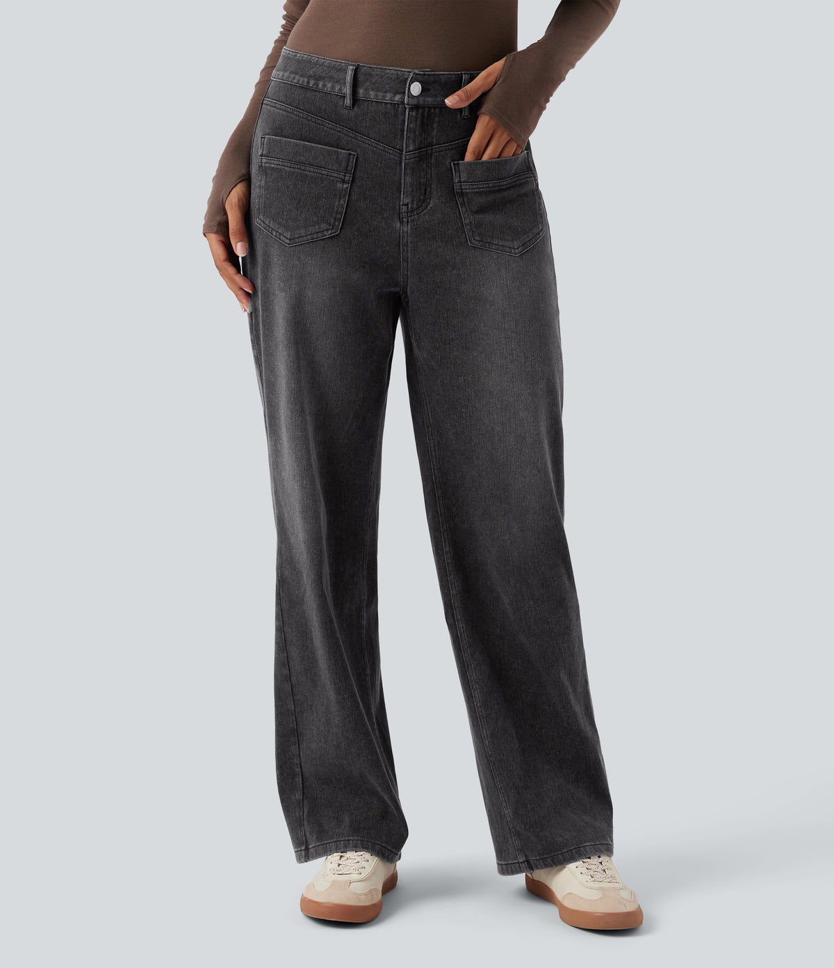 Halara Flex™ Mid Rise Straight Leg Casual Jeans with Pockets - Poppy Seed Denim