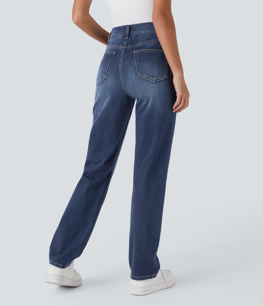 Halara Flex™ High Waisted Pockets Straight Leg Washed Casual Jeans - Paint Blue Denim