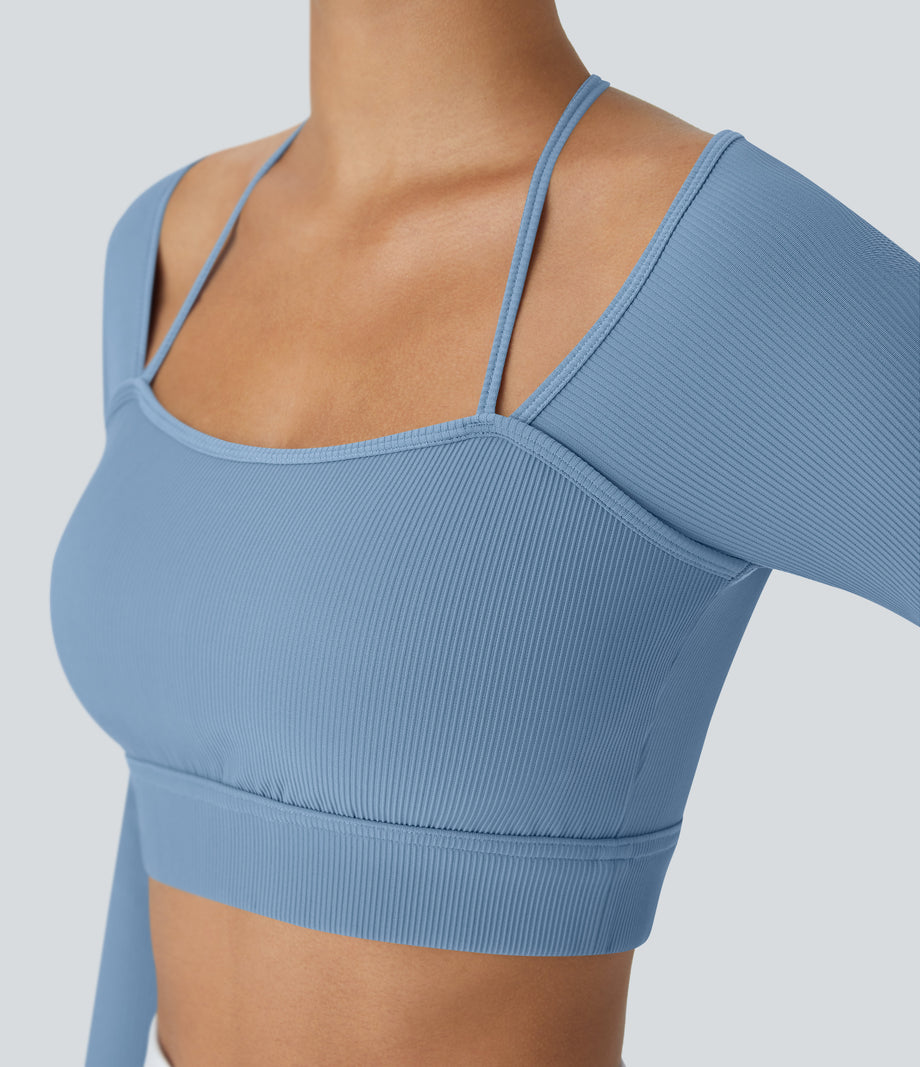Ribbed Halter Strap Thumb Hole Cropped Yoga Sports Top - Quiet Harbor