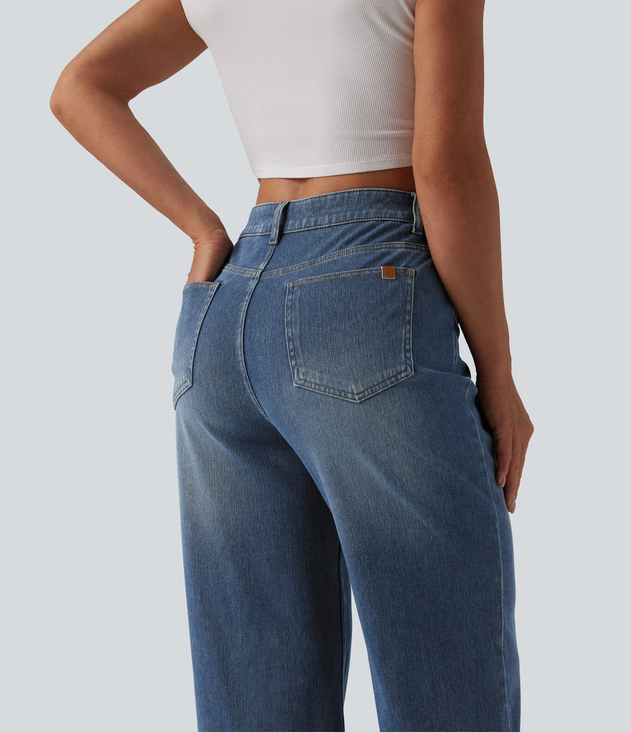 Halara Flex™ Mid Rise Straight Leg Casual Jeans with Pockets - Blue Surf Denim