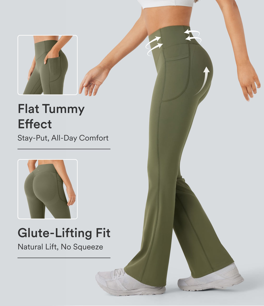 Halara UltraSculpt™ High Waisted Scrunch Butt Lifting Tummy Control Pocket Shaping Yoga Bootcut Leggings - Grass Grey Green