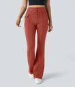 High Waisted Side Flap Pocket Flare Casual Cargo Pants - Cinnabar