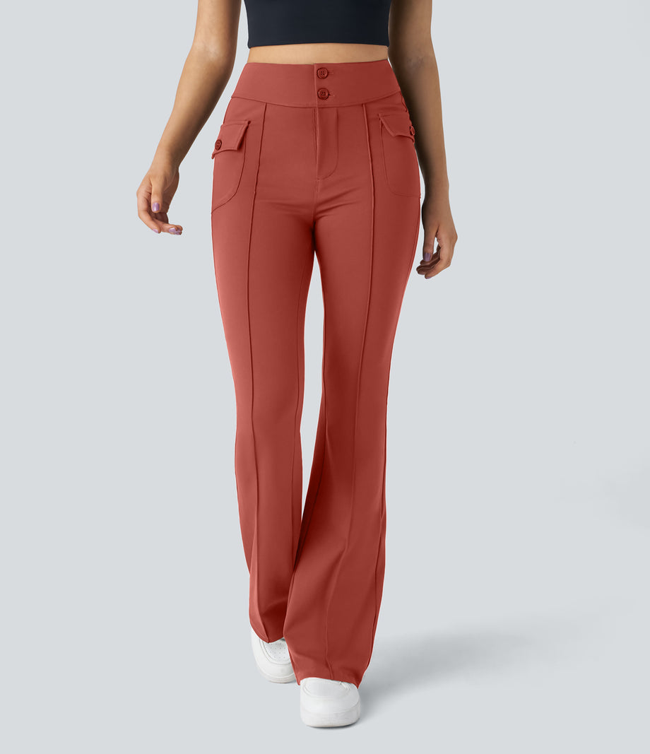 High Waisted Side Flap Pocket Flare Casual Cargo Pants - Cinnabar