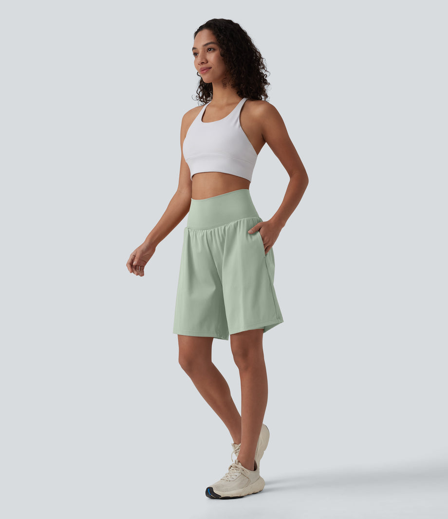 SoftlyZero™ Airy Super High Waisted 2-in-1 Cool Touch Yoga Shorts 9" with Pockets - Light Bean Green