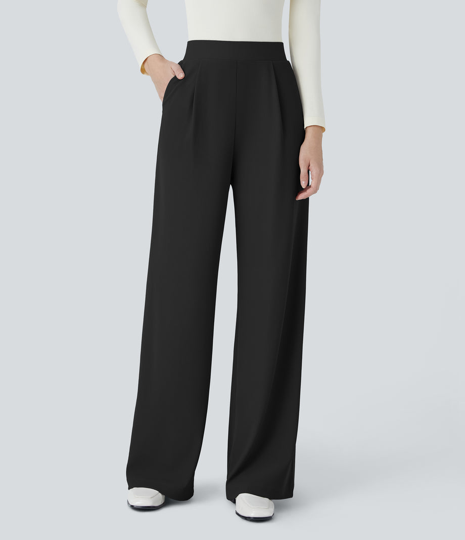 Halara Flex™ High Waisted Body Sculpt Waist-Slimming Pocket Wide Leg Micro Waffle Work Pants - Black