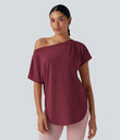 One Shoulder Short Sleeve Curved Hem High Low Quick Dry Yoga Sports Top - Tibetan Red