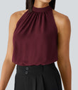 Keyhole Back Halter Sleeveless Curved Hem Work Blouse - Sangria