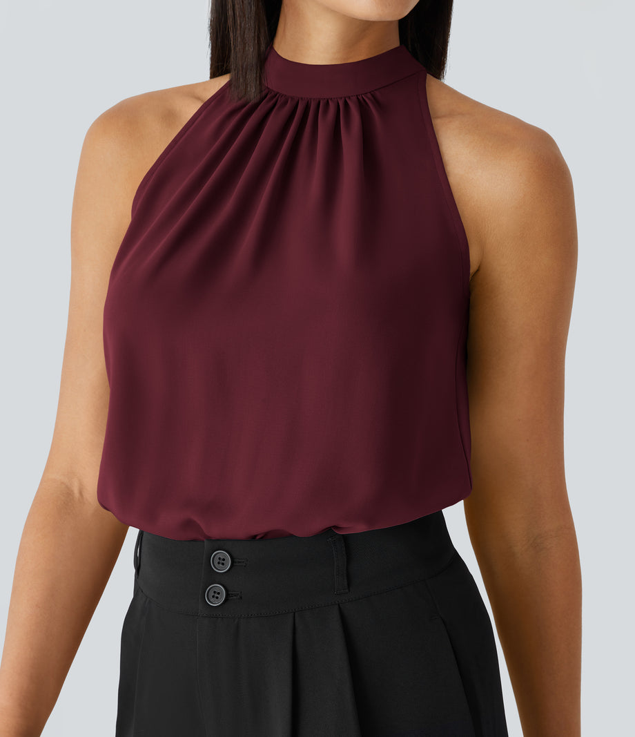 Keyhole Back Halter Sleeveless Curved Hem Work Blouse - Sangria