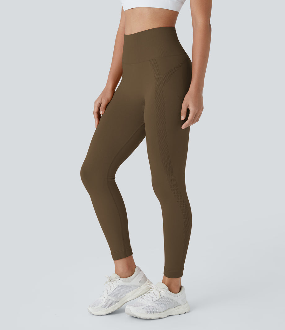 OneForm Seamless Flow High Waisted Ruched 7/8 Yoga Leggings - Dawn Brown