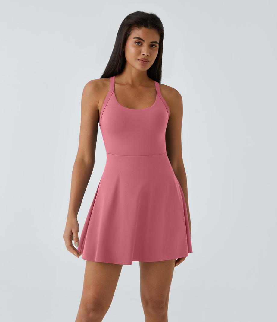 SoftlyZero™ Airy Backless Twisted Flare Low Support Dance Active Dress-Longer Length-Easy Peezy Edition A-D Cups - Begonia Rouge