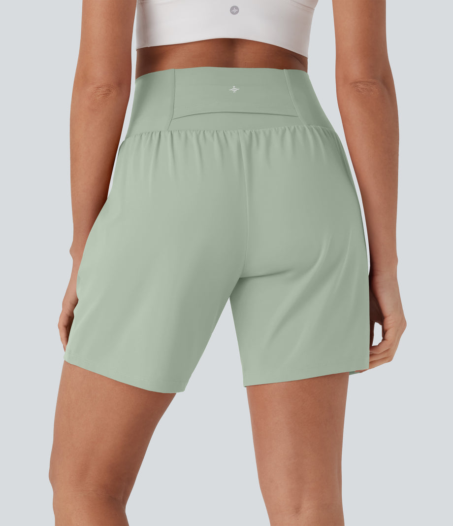SoftlyZero™ Airy Super High Waisted 2-in-1 Cool Touch Yoga Shorts 7" with Pockets - Light Bean Green
