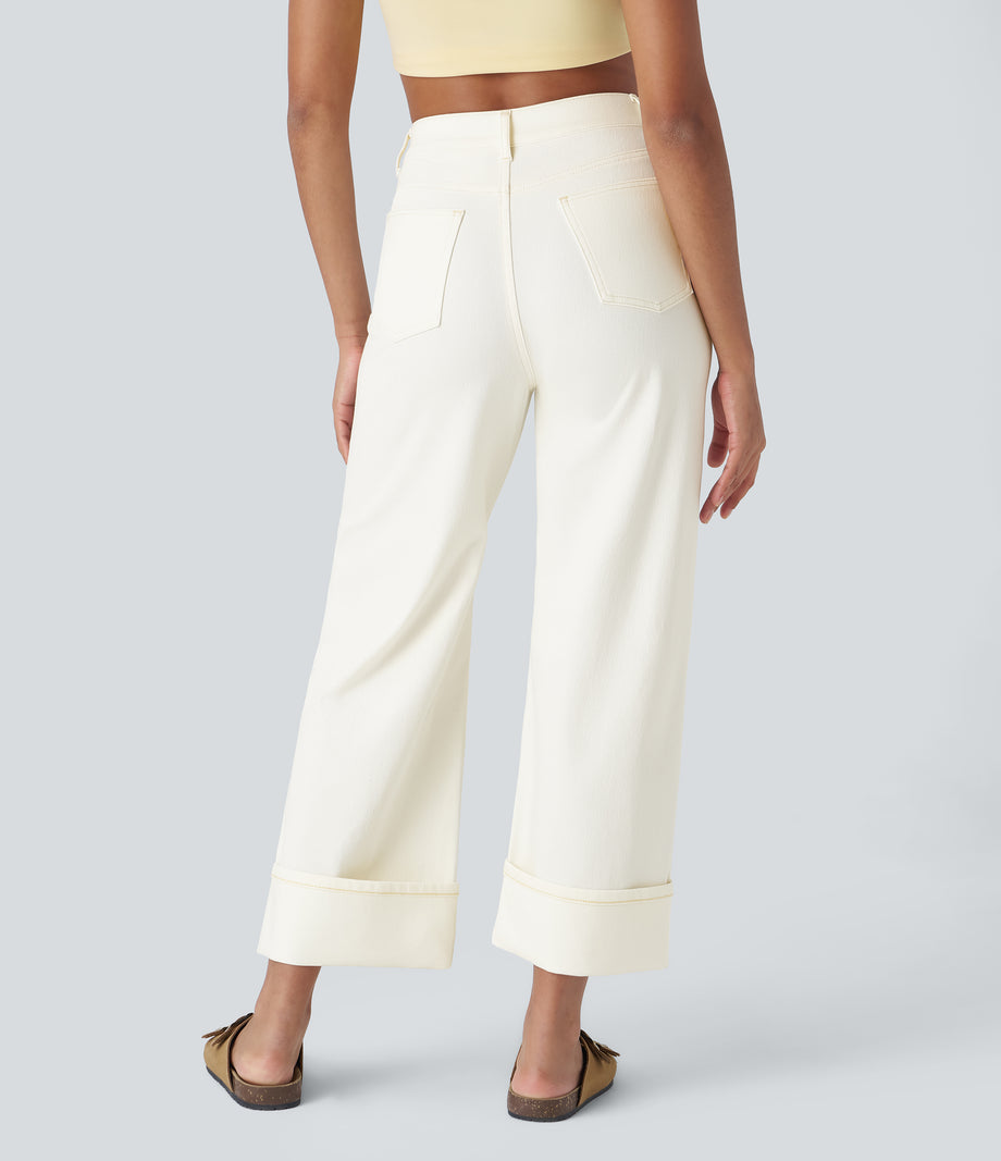 Halara Flex™ High Waisted Pockets Rolled Hem Wide Leg Washed Casual Jeans - Beige Denim