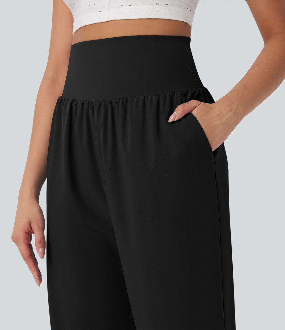 Breezeful™ High Waisted Tummy Control Hem Quick Dry Capri Pants with Pockets - Black
