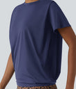Round Neck Short Sleeve Ruched Cool Touch Yoga Sports Top-UPF50+ - Patriot Blue