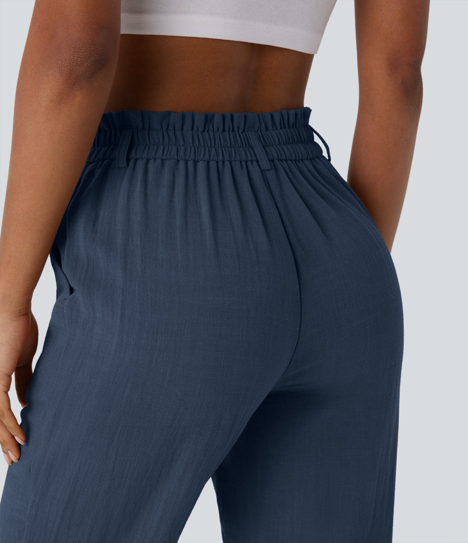 High Waisted Zipper Pocket Cropped Linen-Feel Pants - Deep Secluded Blue