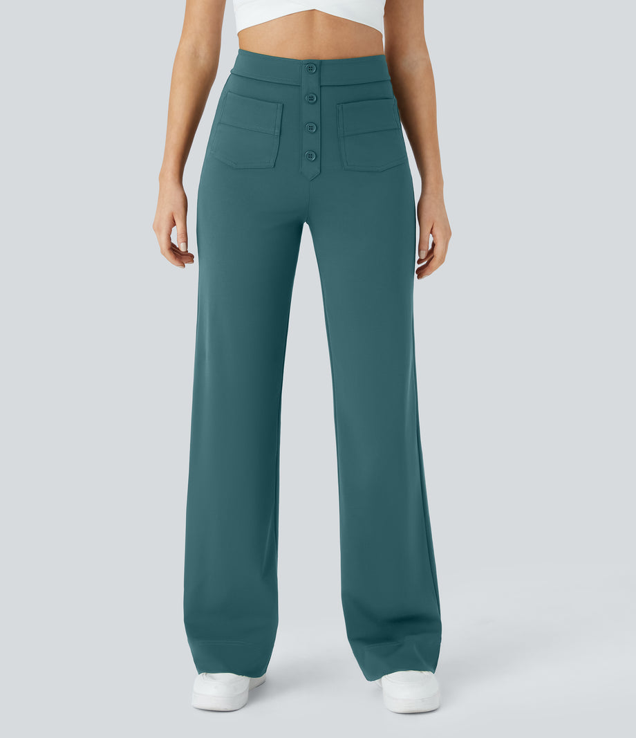 DayStretch High Waisted Pockets Straight Leg Casual Pants - Atlantic Deep