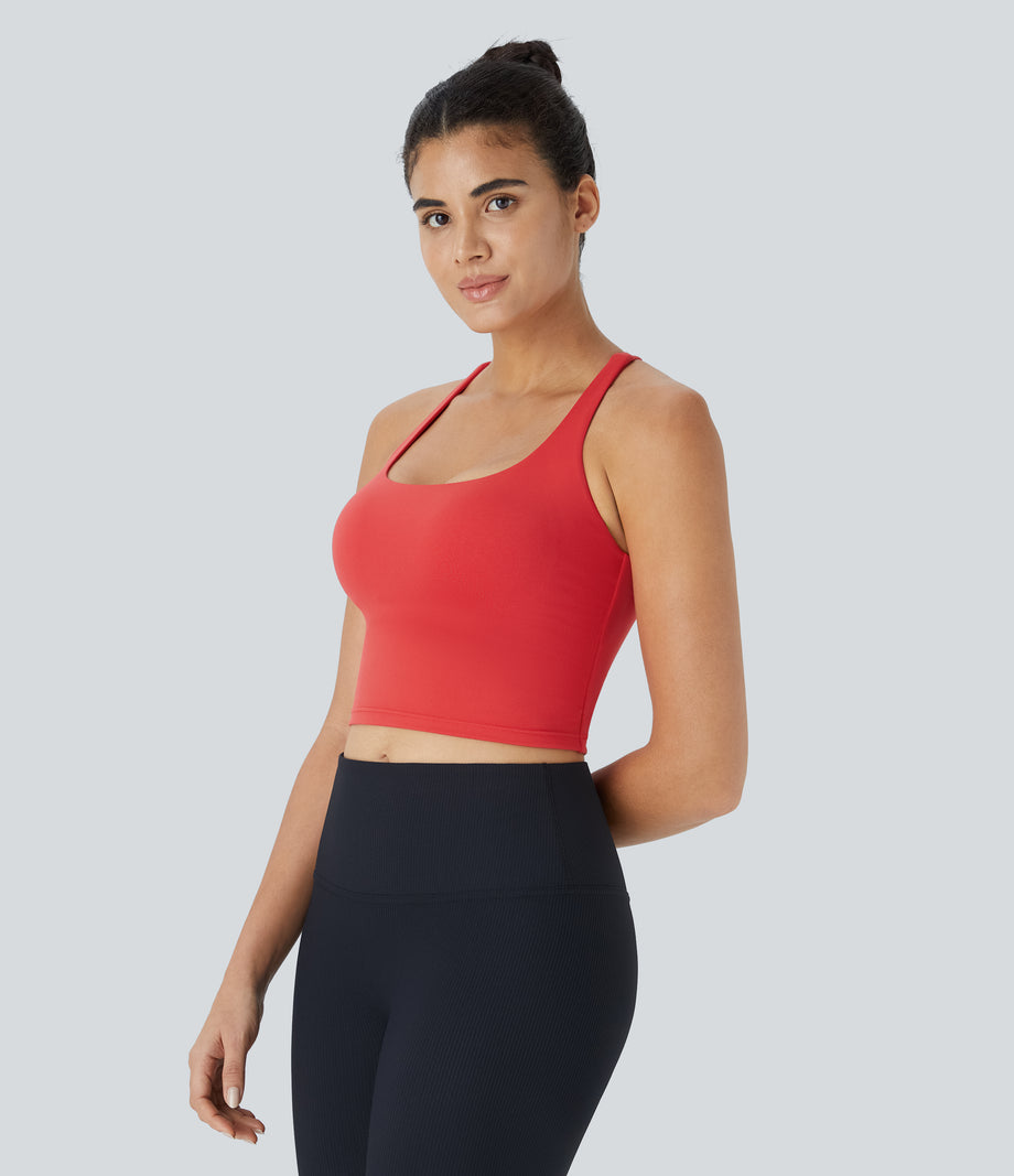 Crisscross Backless Built-in Bra Cropped Running Tank Top A-D Cups - Bittersweet
