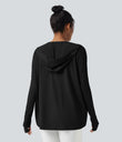Hooded Cowl Neck Long Sleeve Thumb Hole Yoga Sports Top with Pockets - Black