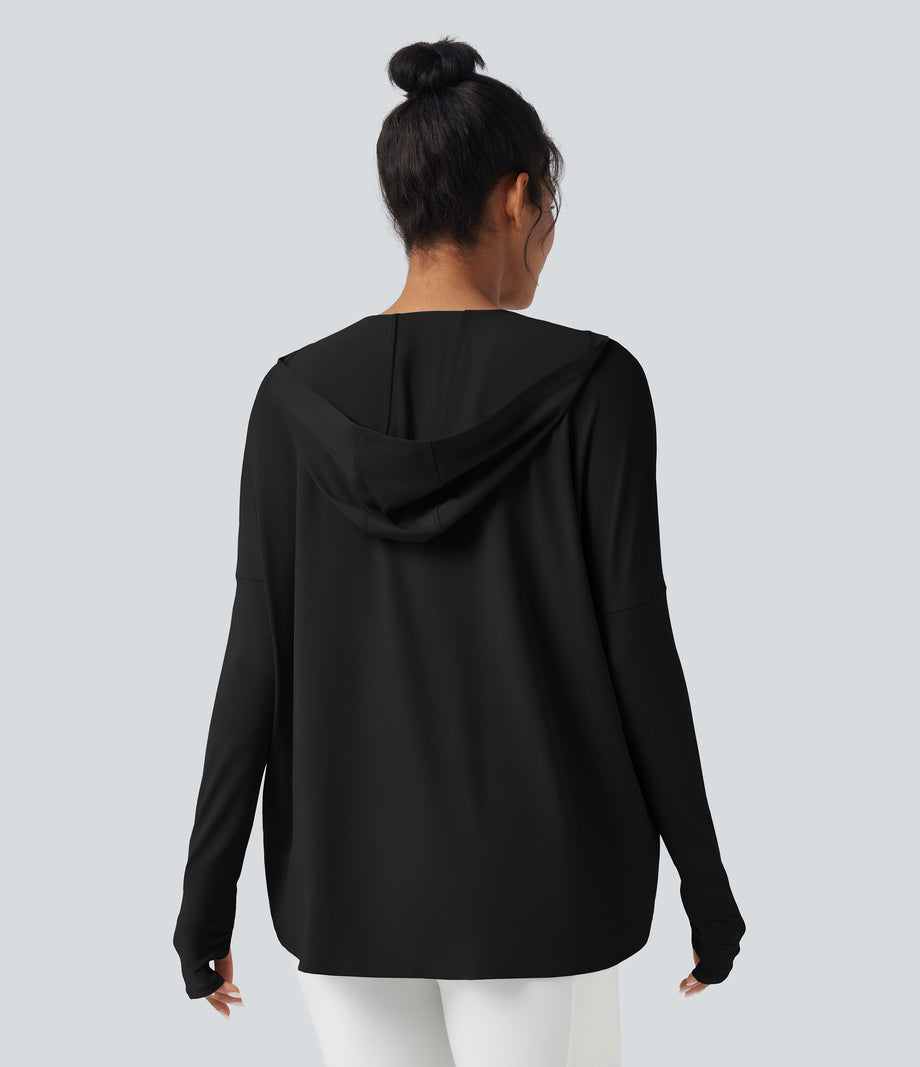 Hooded Cowl Neck Long Sleeve Thumb Hole Yoga Sports Top with Pockets - Black