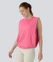 Round Neck Ruched Cool Touch Yoga Tank Top-UPF50+ - Pink Lemonade