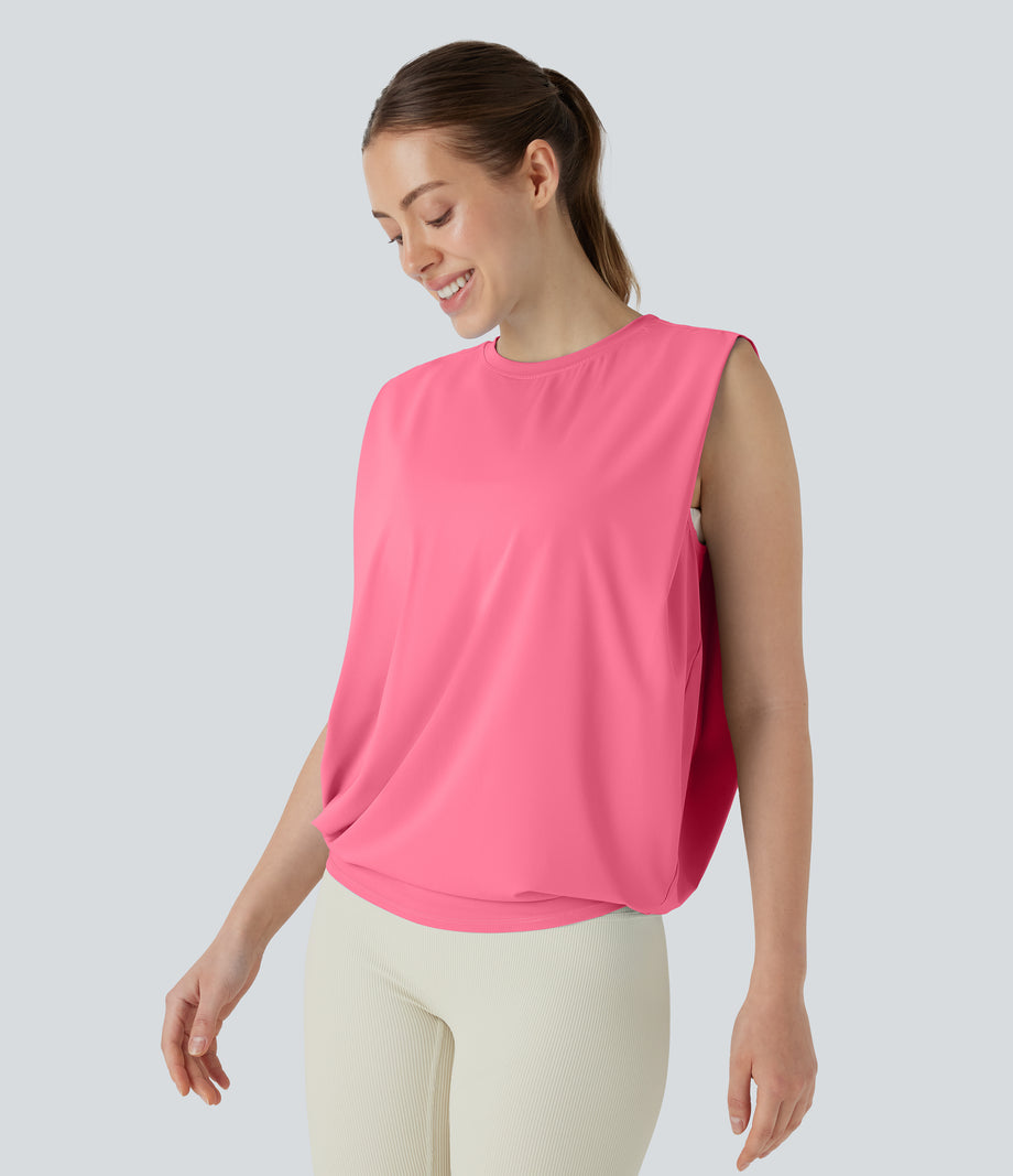 Round Neck Ruched Cool Touch Yoga Tank Top-UPF50+ - Pink Lemonade