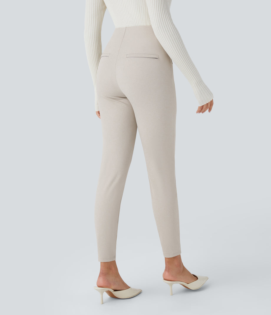 High Waisted Tummy Control Decorative Back Zipper Pockets Herringbone Work Leggings - Moonbeam