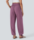 Crossover High Waisted Pocket Drawstring Casual Joggers - Red Violet Floral Yarn