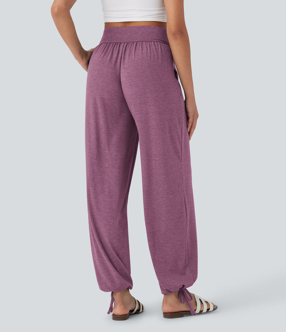 Crossover High Waisted Pocket Drawstring Casual Joggers - Red Violet Floral Yarn