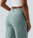 High Waisted Straight Leg Casual Linen-Feel Pants with Pockets - Silverwood Sage