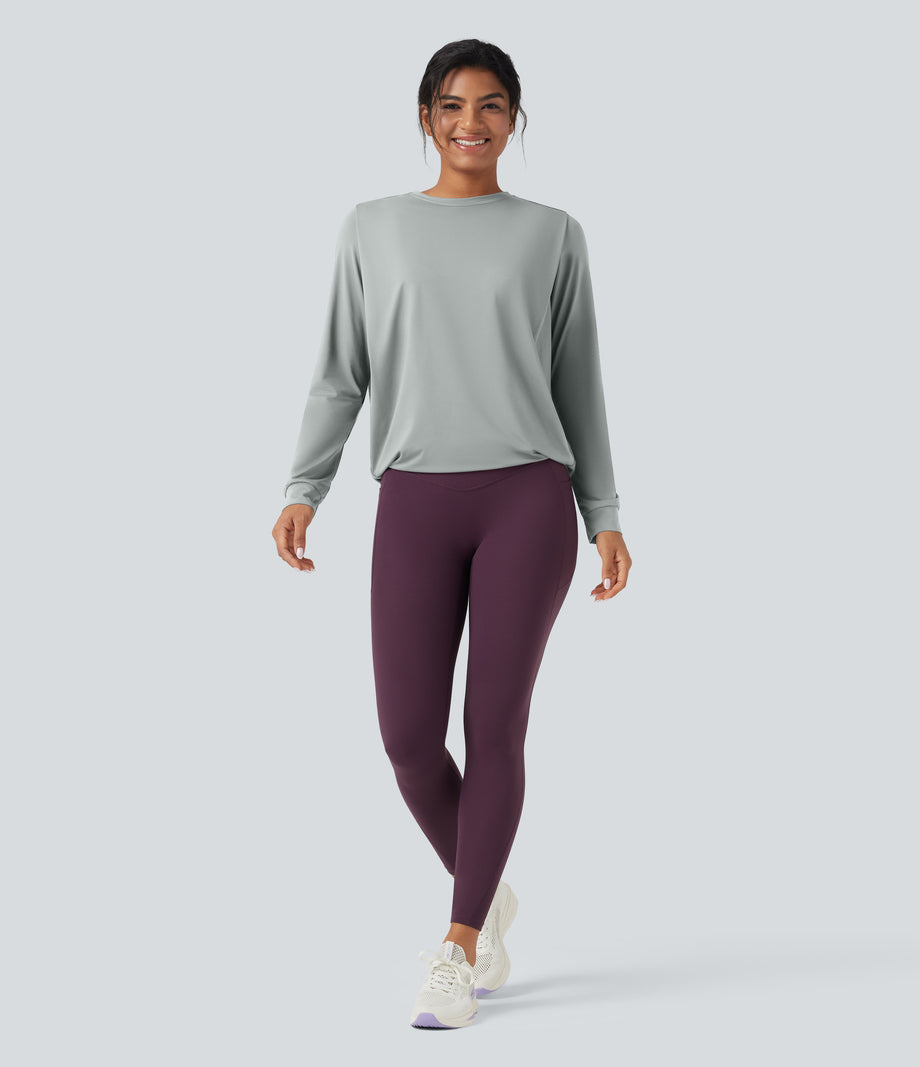 Round Neck Long Sleeve Ruched Yoga Sports Top-UPF50+ - Mirage Gray