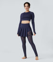 Breezeful™ High Waisted Pleated 2-in-1 Contrast Mesh Quick Dry Dance Stirrup Skirted Leggings with Pockets - Patriot Blue