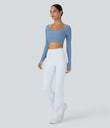 Ribbed Halter Strap Thumb Hole Cropped Yoga Sports Top - Quiet Harbor