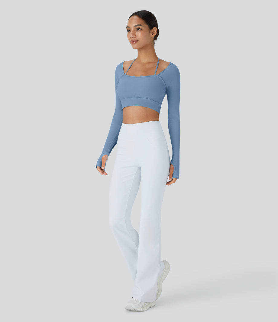 Ribbed Halter Strap Thumb Hole Cropped Yoga Sports Top - Quiet Harbor