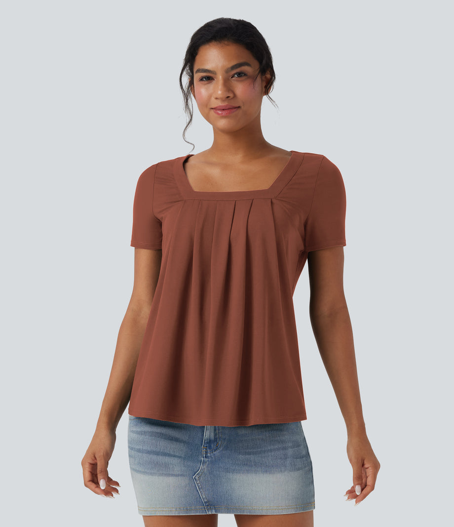 Square Neck Short Sleeve Casual Top - Maple Syrup